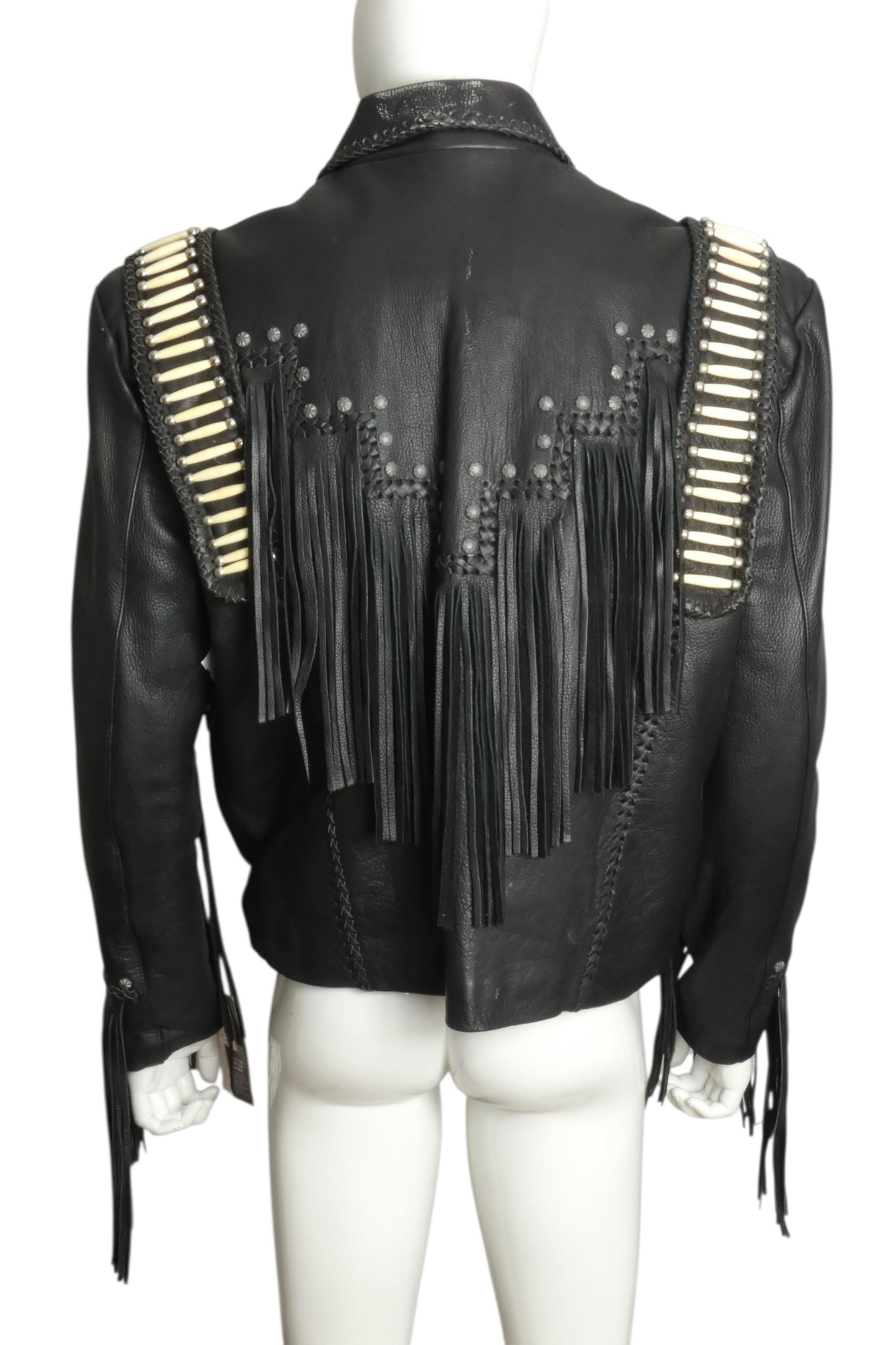 1980s NWT Black Leather Bead & Fringe Jacket, Size Large